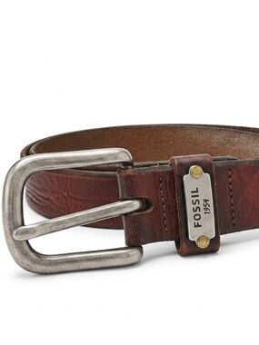 VTG Fossil 1954 Heritage Leather Belt | Distressed Brown Logo Plaque | Size M/L